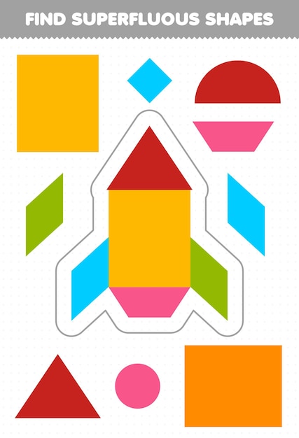 El juego educativo para niños encuentra la hoja de trabajo imprimible de formas geométricas superfluas