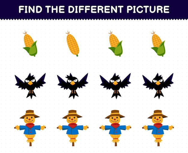El juego educativo para niños encuentra la imagen diferente en cada fila de la hoja de trabajo imprimible de la granja del espantapájaros del cuervo de maíz de dibujos animados lindo