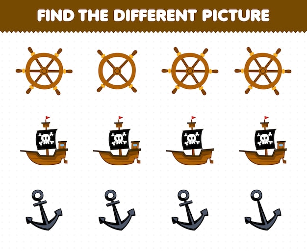 El juego educativo para niños encuentra la imagen diferente en cada fila de la hoja de trabajo pirata imprimible del ancla del barco de la rueda de dibujos animados lindo