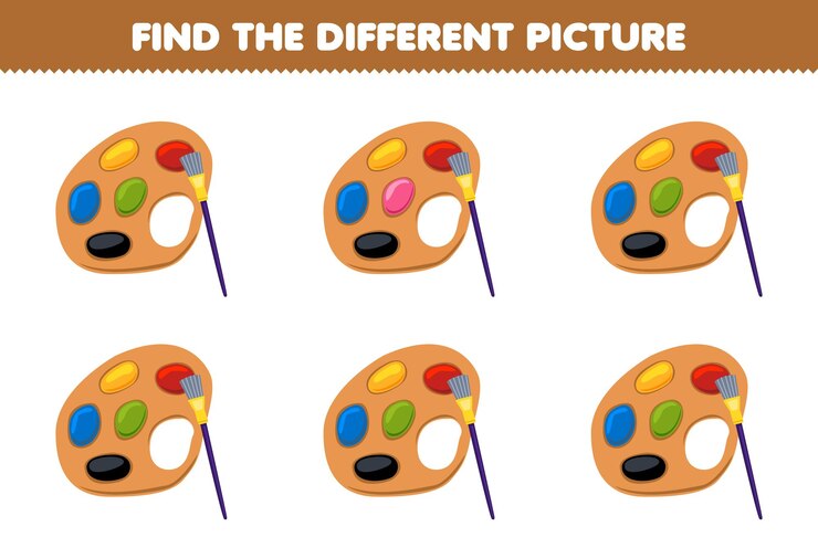Vector el juego educativo para niños encuentra la imagen diferente de la hoja de trabajo de la herramienta imprimible de la paleta de dibujos animados lindos