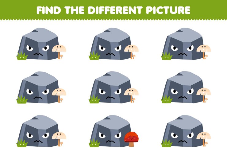 Vector el juego educativo para niños encuentra la imagen diferente de la hoja de trabajo imprimible de la naturaleza de dibujos animados lindo piedra y hongo