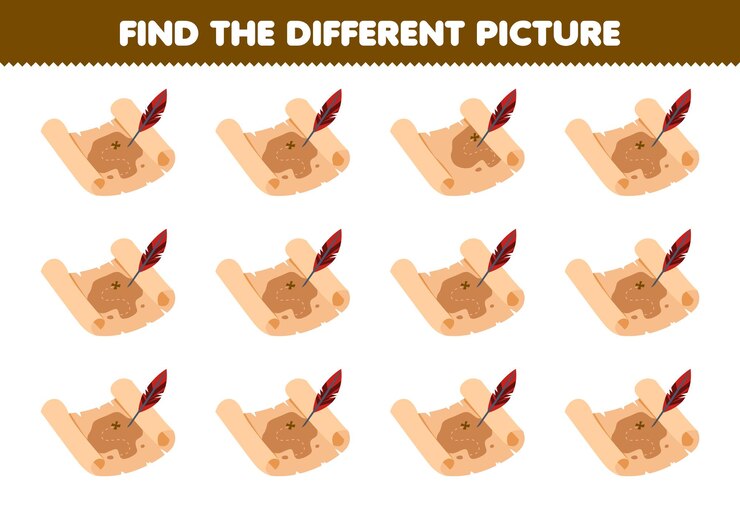Vector el juego educativo para niños encuentra la imagen diferente de la hoja de trabajo pirata imprimible del mapa del tesoro de dibujos animados lindo