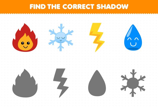El juego educativo para niños encuentra el juego de sombras correcto de dibujos animados lindo fuego copo de nieve trueno agua hoja de trabajo de naturaleza imprimible