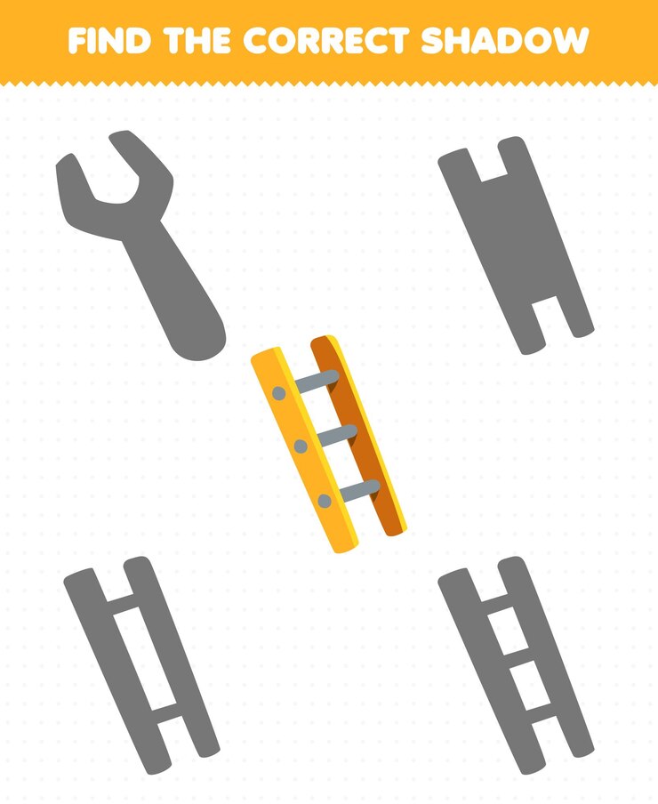 Vector el juego educativo para niños encuentra el juego de sombras correcto de la hoja de trabajo de la herramienta imprimible de escalera de dibujos animados lindo