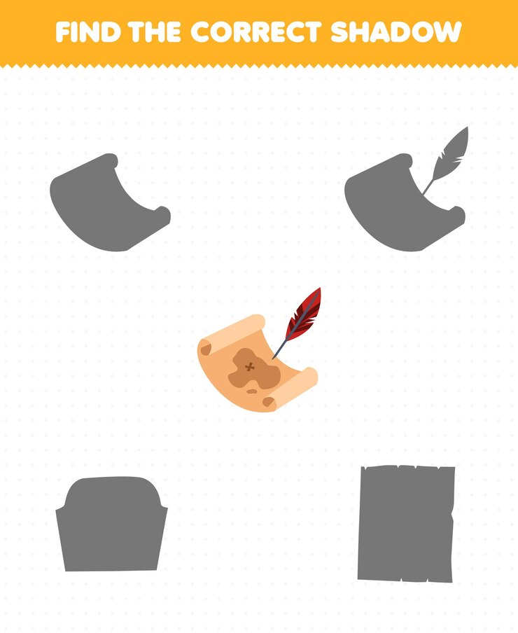 Vector el juego educativo para niños encuentra el juego de sombras correcto de la hoja de trabajo pirata imprimible del mapa del tesoro de dibujos animados lindo