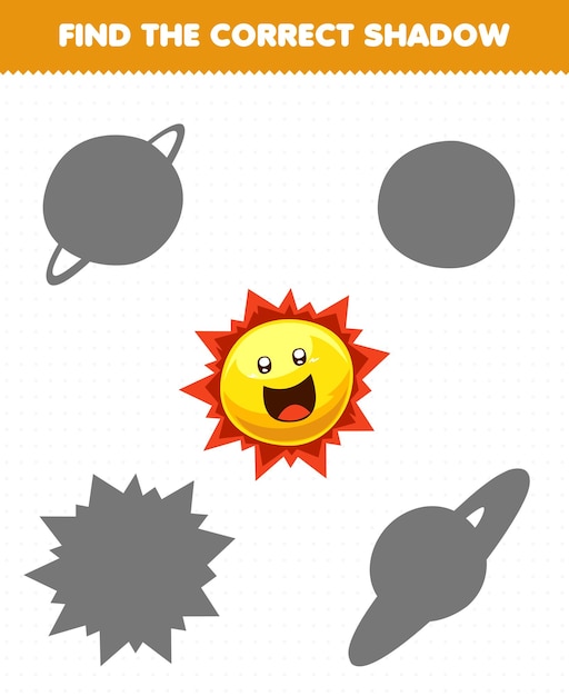 El juego educativo para niños encuentra el juego de sombras correcto del lindo sol del sistema solar de dibujos animados