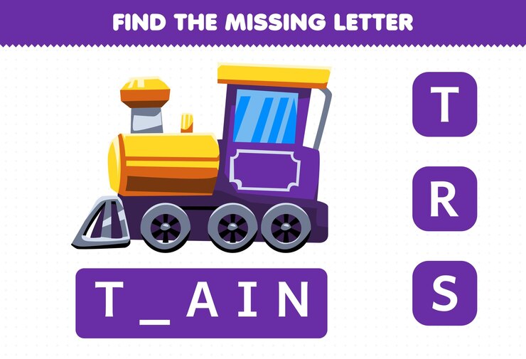 Vector el juego educativo para niños encuentra la letra faltante lindo tren de transporte