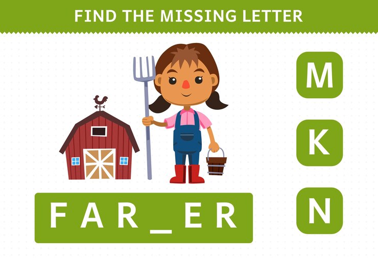 Vector el juego educativo para niños encuentra la letra que falta de la hoja de trabajo imprimible del agricultor de profesión de dibujos animados lindo