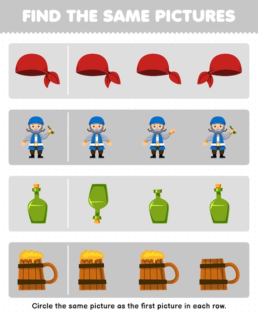 El juego educativo para niños encuentra la misma imagen en cada fila de dibujos animados lindos bandana anciano botella y taza de madera imprimible hoja de trabajo pirata