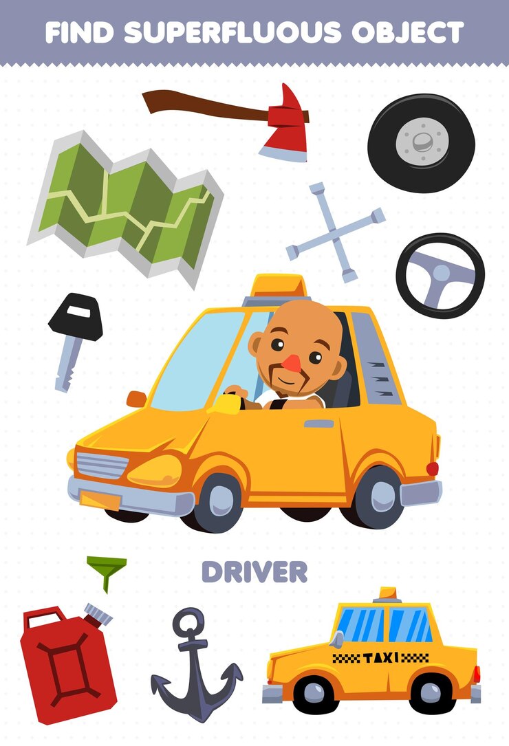 Vector el juego educativo para niños encuentra los objetos superfluos para la hoja de trabajo imprimible del conductor de profesión de dibujos animados lindo
