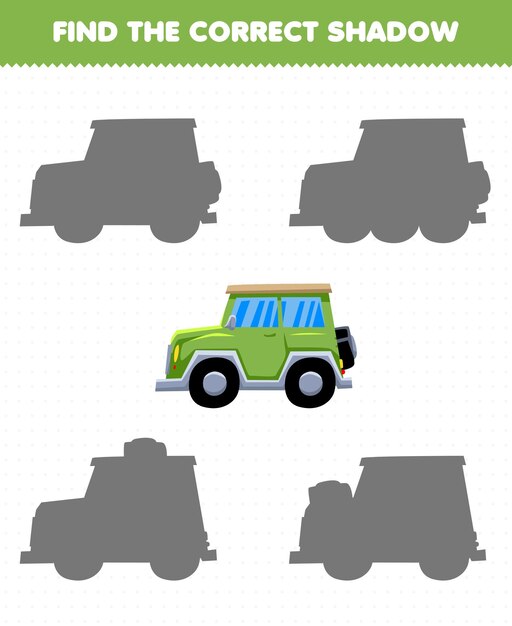 El juego educativo para niños encuentra la sombra correcta del jeep de transporte