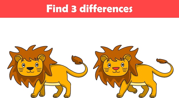 El juego educativo para niños encuentra tres diferencias entre dos dibujos animados de animales de león Vector