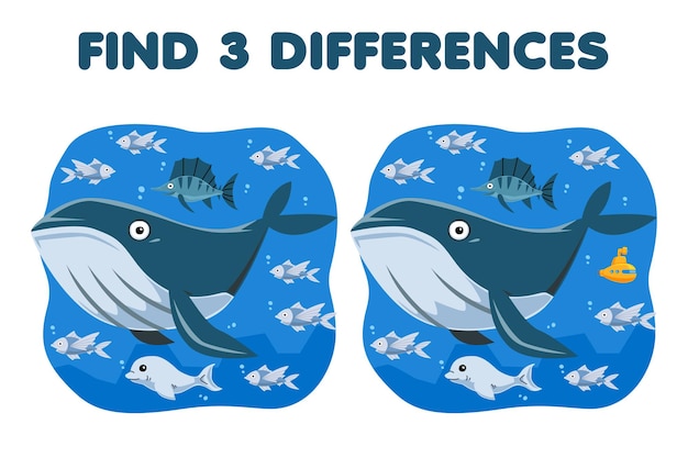 El juego educativo para niños encuentra tres diferencias entre dos lindas ballenas de dibujos animados con una hoja de trabajo subacuática imprimible de beluga y peces