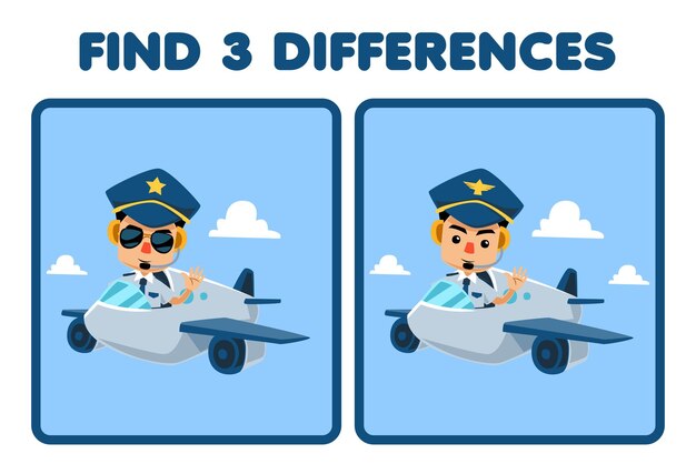 El juego educativo para niños encuentra tres diferencias entre dos lindas hojas de trabajo imprimibles de la profesión de piloto de dibujos animados