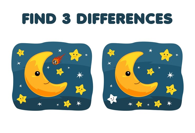 Vector el juego educativo para niños encuentra tres diferencias entre dos lindos dibujos animados del cielo nocturno con la hoja de trabajo imprimible de la naturaleza de la estrella y la luna