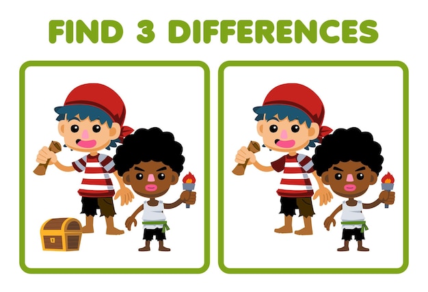 El juego educativo para niños encuentra tres diferencias entre dos lindos niños de dibujos animados hoja de trabajo pirata imprimible