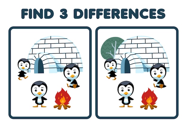El juego educativo para niños encuentra tres diferencias entre dos lindos pingüinos de dibujos animados frente a la hoja de trabajo de invierno imprimible de iglú