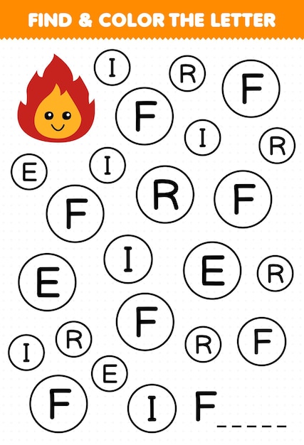 Juego educativo para niños: encuentre y coloree la letra F para la hoja de trabajo de naturaleza imprimible de fuego