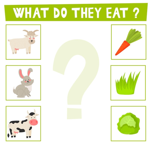 Juego educativo para niños a juego ¿qué comen? actividad para niños de edad preescolar y niños pequeños animales y comida cabra liebre vaca zanahorias hierba repollo