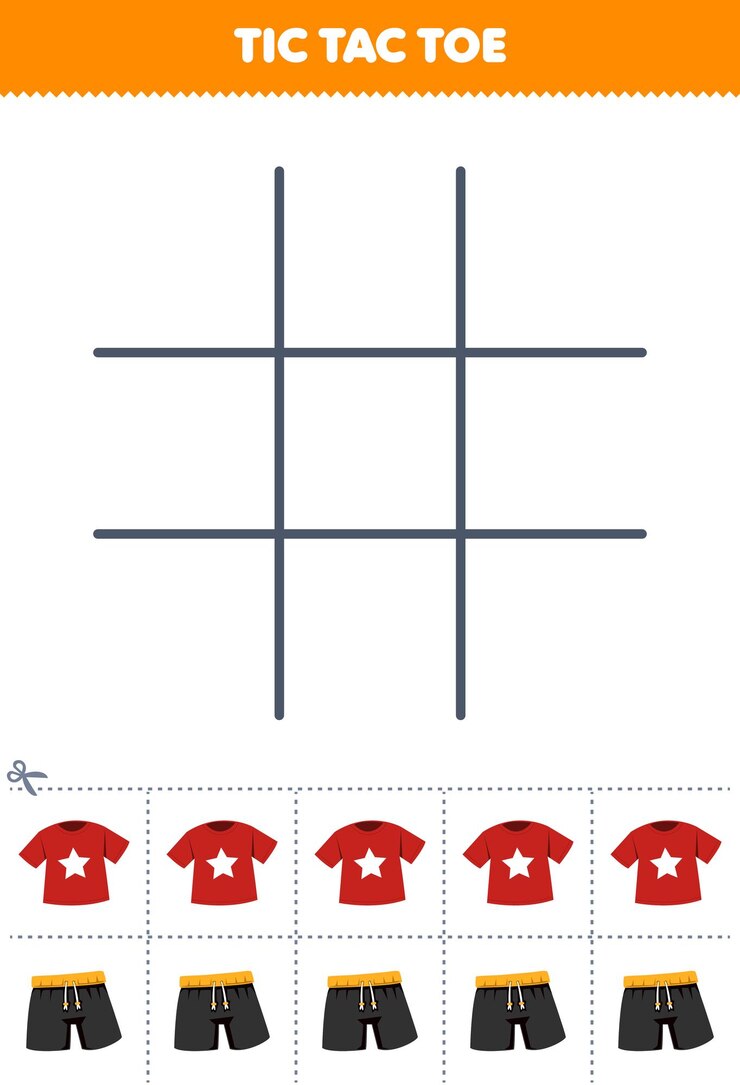 Vector juego educativo para niños, juego de tres en raya con camiseta y pantalón de dibujos animados, hoja de trabajo de ropa portátil imprimible