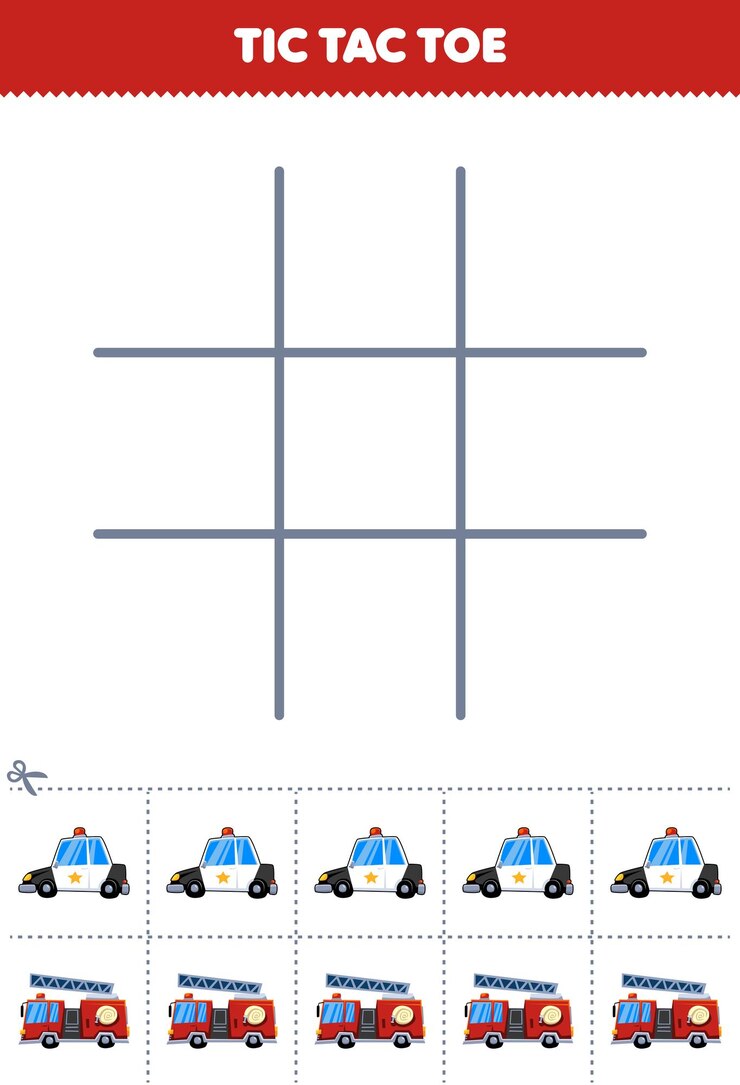Vector juego educativo para niños con juego de tres en raya con un lindo coche de policía de dibujos animados y una hoja de trabajo de transporte imprimible con imagen de camión de bomberos