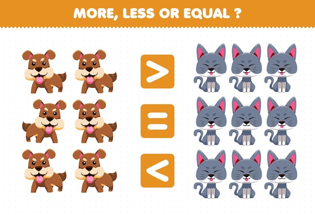 Juego educativo para niños más menos o igual contar la cantidad de animales de dibujos animados lindo perro y gato