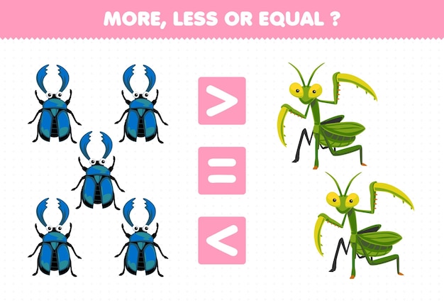 Juego educativo para niños más menos o igual contar la cantidad de dibujos animados lindo escarabajo ciervo y hoja de trabajo imprimible de insecto mantis