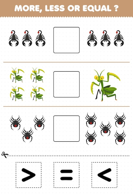 Juego educativo para niños más menos o igual contar la cantidad de dibujos animados lindo escorpión mantis araña luego cortar y pegar cortar la hoja de trabajo de error de señal correcta