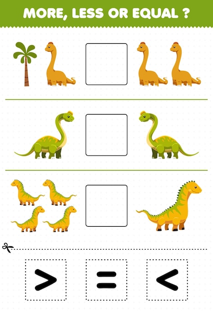 Juego educativo para niños más menos o igual contar la cantidad de dibujos animados prehistóricos dinosaurio de cuello largo luego cortar y pegar cortar el signo correcto