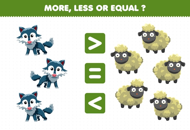 Juego educativo para niños más menos o igual contar la cantidad de lindos animales de dibujos animados lobo y oveja