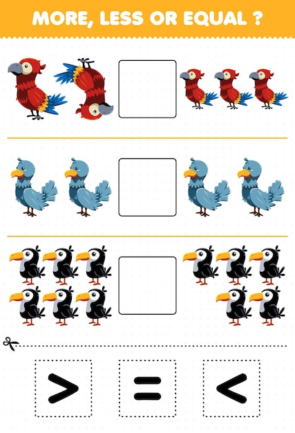 Juego educativo para niños más menos o igual contar la cantidad de tucán de pájaro de dibujos animados lindo animal loro paloma luego cortar y pegar cortar el signo correcto