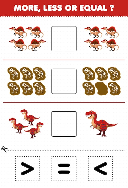 Juego educativo para niños más o menos contar la cantidad de dibujos animados prehistórico dinosaurio rojo espinosaurio fósil tiranosaurio luego cortar y pegar cortar el signo correcto