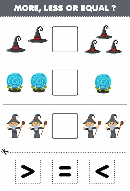 Juego educativo para niños más o menos contar la cantidad de traje de mago de orbe mágico de sombrero de dibujos animados lindo luego cortar y pegar cortar la hoja de trabajo de halloween de señal correcta