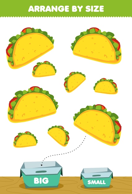 Juego educativo para niños organizar por tamaño, grande o pequeño, ponerlo en la caja, comida de dibujos animados, bocadillos, fotos de tacos.