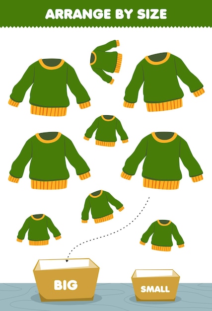 Juego educativo para niños organizar por tamaño grande o pequeño ponerlo en la caja dibujos animados ropa ponible suéter verde imágenes