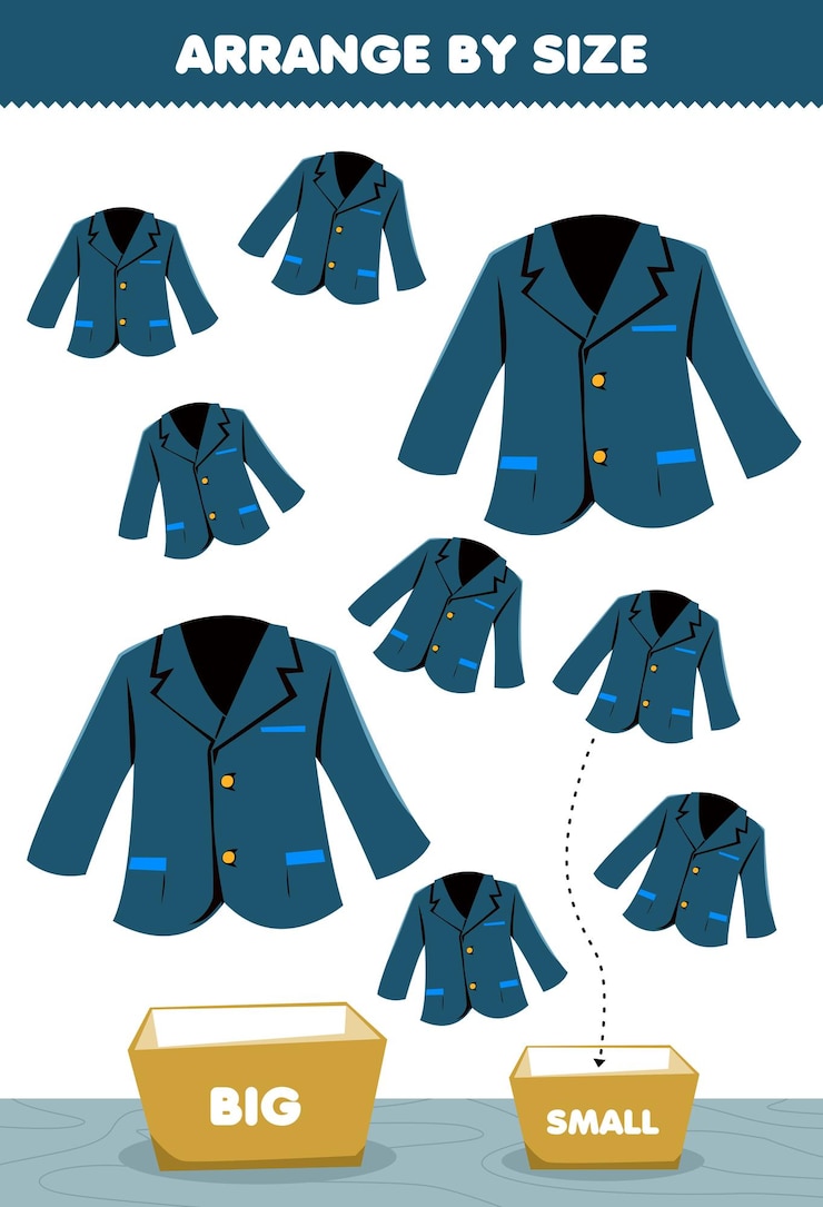 Vector juego educativo para niños organizar por tamaño, grande o pequeño, ponerlo en la caja, ropa de dibujos animados, imágenes de chaqueta azul