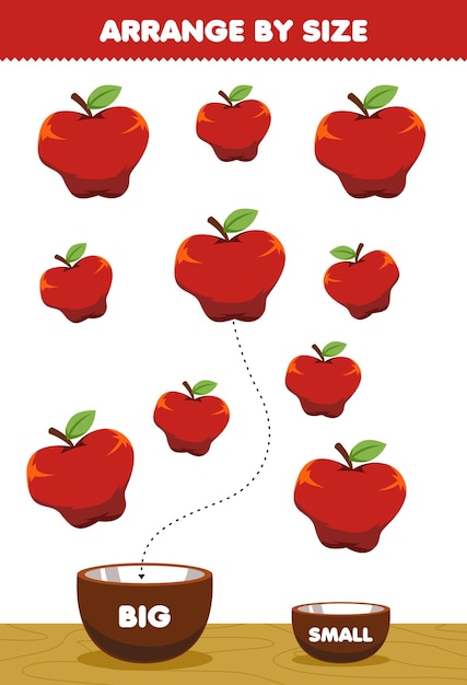Juego educativo para niños organizar por tamaño grande o pequeño ponerlo en el tazón imágenes de manzanas de frutas de dibujos animados