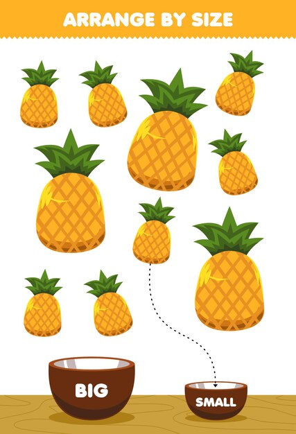 Juego educativo para niños organizar por tamaño grande o pequeño ponerlo en el tazón imágenes de piña de frutas de dibujos animados