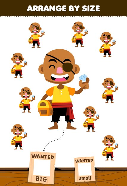 Juego educativo para niños organizar por tamaño imagen grande o pequeña de la hoja de trabajo pirata imprimible del personaje del hombre calvo de dibujos animados lindo