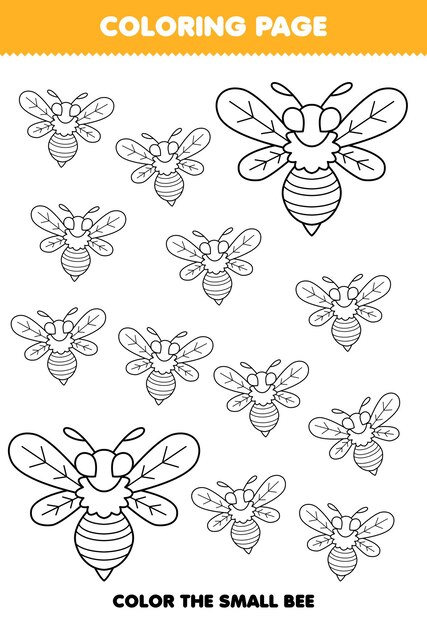 Vector juego educativo para niños página para colorear imagen grande o pequeña de la hoja de trabajo de error imprimible de arte de línea de abeja de dibujos animados lindo