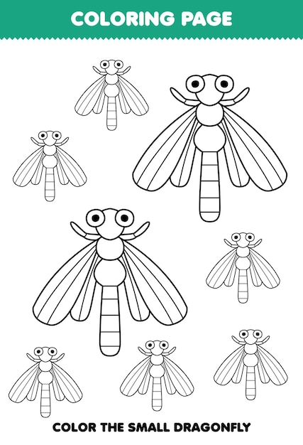 Juego educativo para niños página para colorear imagen grande o pequeña de la hoja de trabajo de error imprimible de arte de línea de libélula de dibujos animados lindo