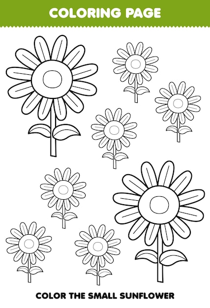 Juego educativo para niños página para colorear imagen grande o pequeña de la hoja de trabajo de granja imprimible de arte de línea de girasol de dibujos animados lindo