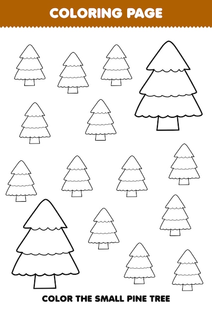 Juego educativo para niños página para colorear imagen grande o pequeña de la hoja de trabajo de invierno imprimible de arte de línea de pino de dibujos animados lindo