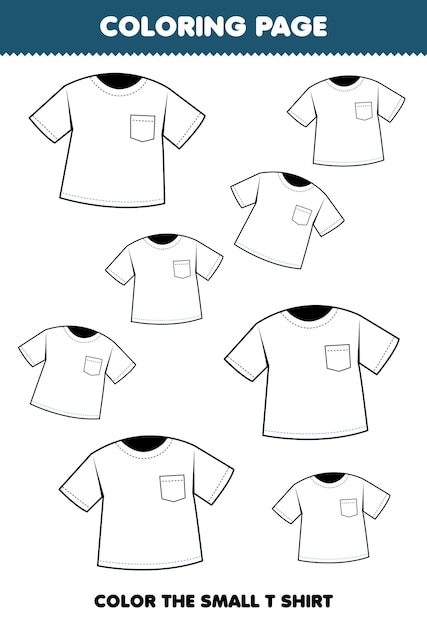 Juego educativo para niños página para colorear imagen grande o pequeña de ropa ponible camiseta línea arte hoja de trabajo imprimible