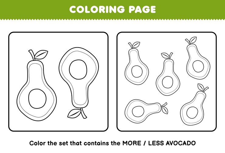 Vector juego educativo para niños página para colorear más o menos imagen de dibujos animados aguacate fruta línea arte conjunto hoja de trabajo imprimible