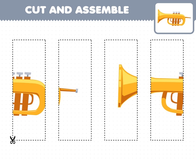 Juego educativo para niños, práctica de corte y rompecabezas de ensamblaje con hoja de trabajo imprimible de trompeta de instrumento musical de dibujos animados