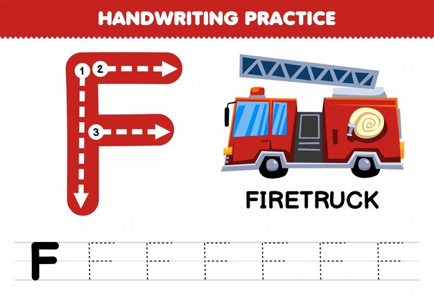 Juego educativo para niños práctica de escritura a mano con letras mayúsculas F para hoja de trabajo imprimible de camión de bomberos