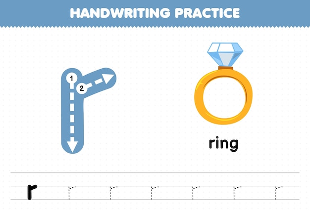 Juego educativo para niños práctica de escritura a mano con letras minúsculas r para hoja de trabajo imprimible de anillo