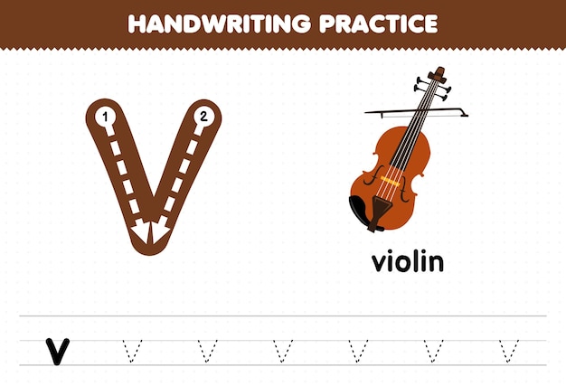 Juego educativo para niños, práctica de escritura a mano con letras minúsculas v para hoja de trabajo imprimible de violín