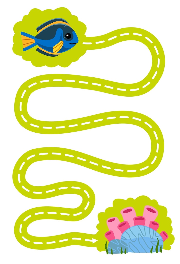 Vector juego educativo para niños, práctica de escritura a mano, rastrear las líneas, ayudar a los peces azules de dibujos animados lindos a moverse a la hoja de trabajo subacuática imprimible de coral
